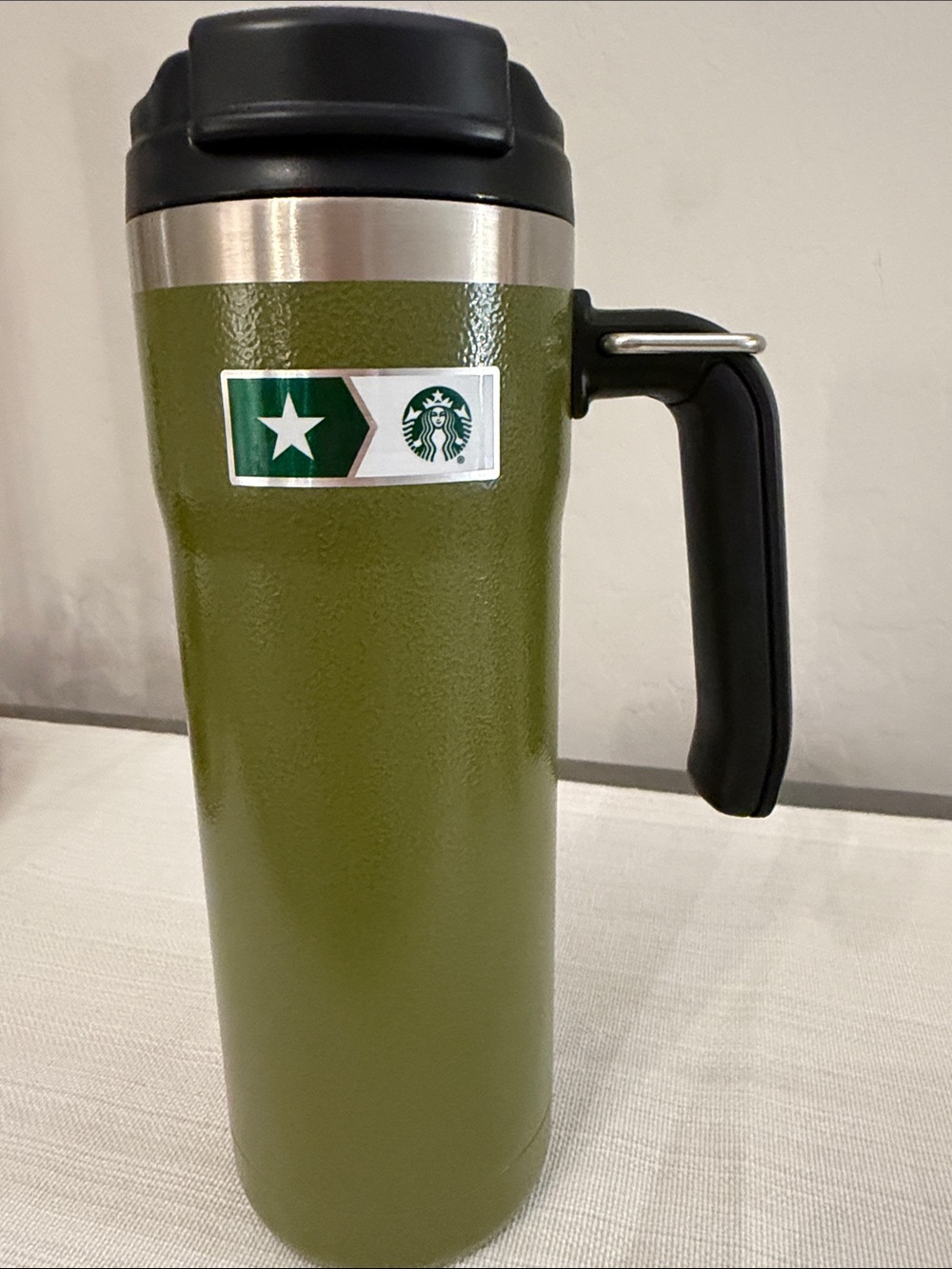 Starbucks Olive Green Travel Tumbler with Black Handle and Lid Military Mug HTF